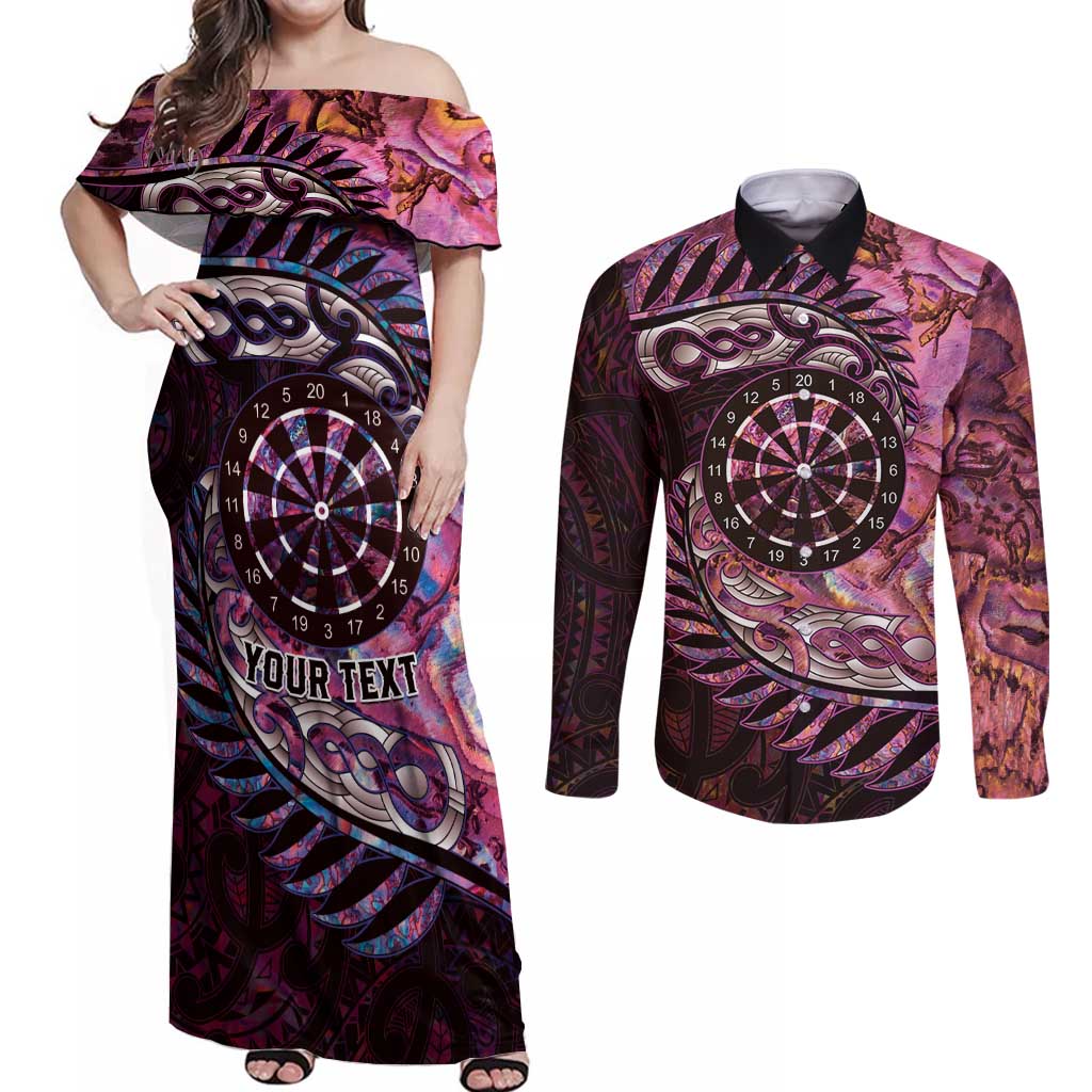 New Zealand Darts Personalised Couples Matching Off Shoulder Maxi Dress and Long Sleeve Button Shirt Aotearoa Silver Fern Pink Papua Shell Spirit LT9 Pink - Polynesian Pride