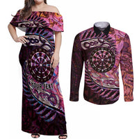 New Zealand Darts Personalised Couples Matching Off Shoulder Maxi Dress and Long Sleeve Button Shirt Aotearoa Silver Fern Pink Papua Shell Spirit LT9 Pink - Polynesian Pride