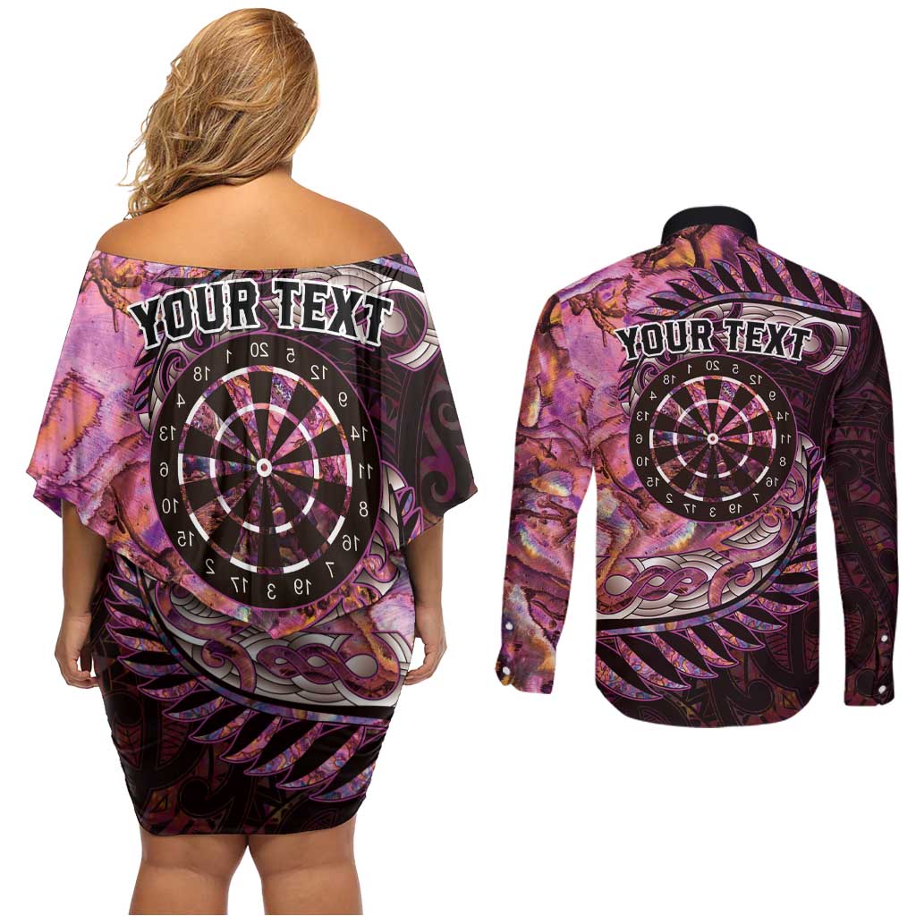 New Zealand Darts Personalised Couples Matching Off Shoulder Short Dress and Long Sleeve Button Shirt Aotearoa Silver Fern Pink Papua Shell Spirit LT9 - Polynesian Pride