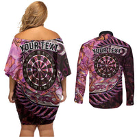 New Zealand Darts Personalised Couples Matching Off Shoulder Short Dress and Long Sleeve Button Shirt Aotearoa Silver Fern Pink Papua Shell Spirit LT9 - Polynesian Pride