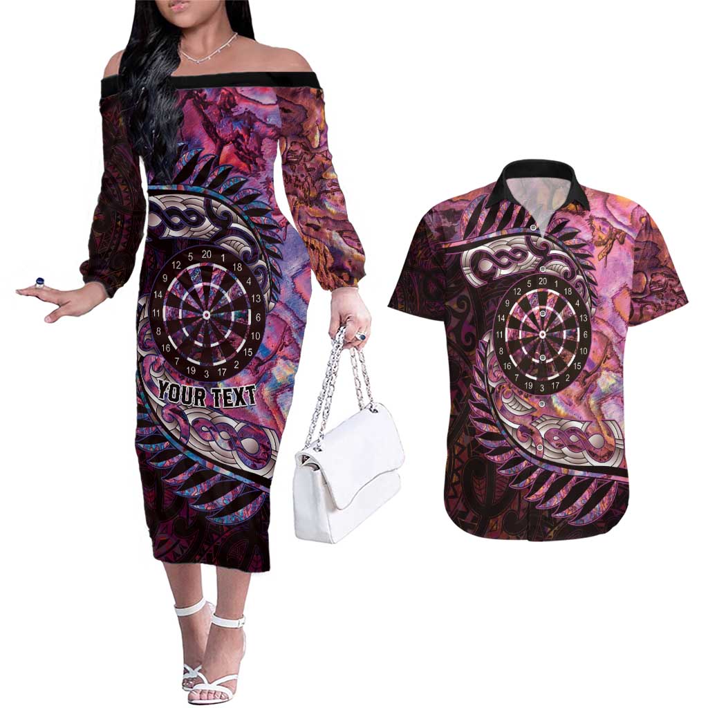 New Zealand Darts Personalised Couples Matching Off The Shoulder Long Sleeve Dress and Hawaiian Shirt Aotearoa Silver Fern Pink Papua Shell Spirit LT9 Pink - Polynesian Pride