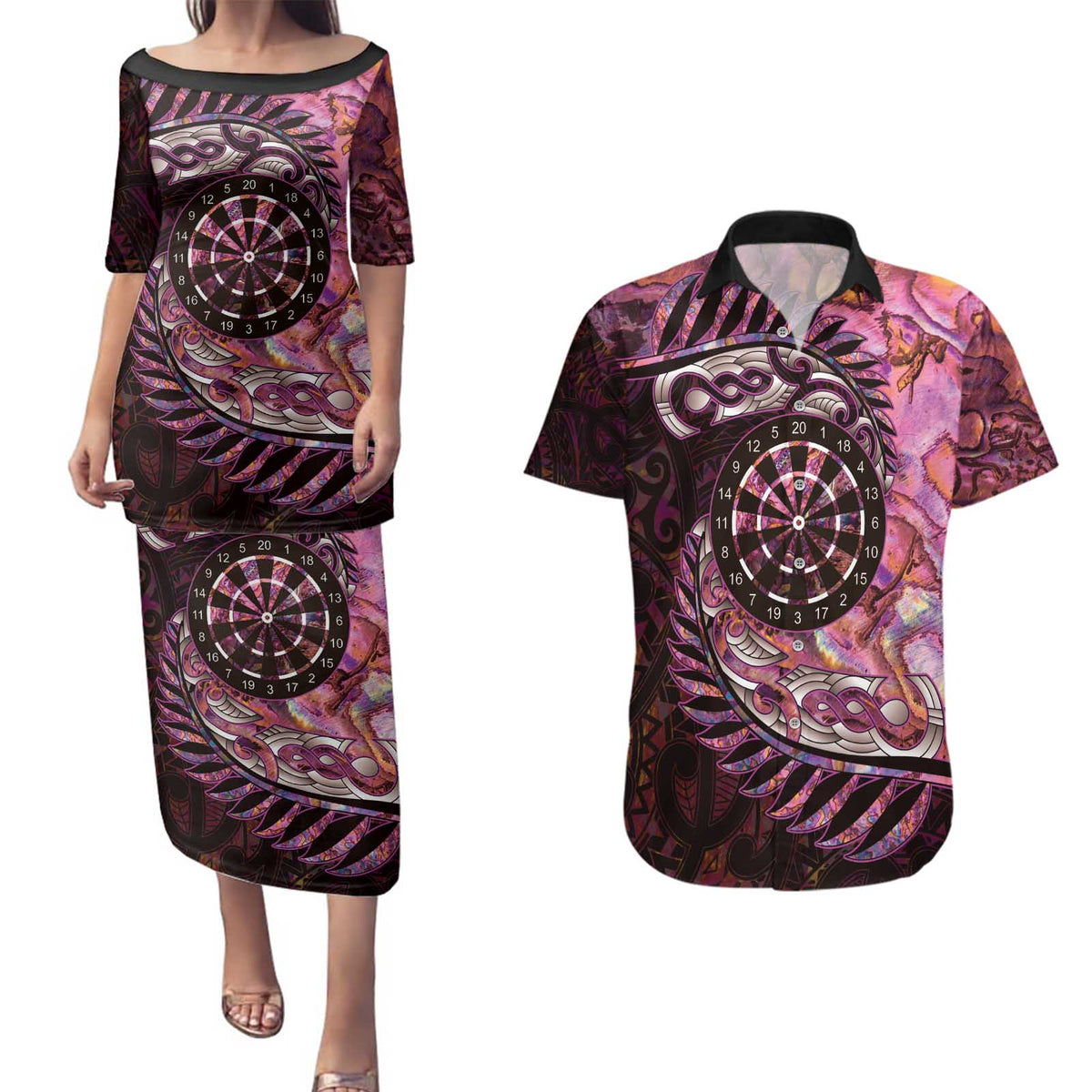 New Zealand Darts Personalised Couples Matching Puletasi and Hawaiian Shirt Aotearoa Silver Fern Pink Papua Shell Spirit LT9 Pink - Polynesian Pride