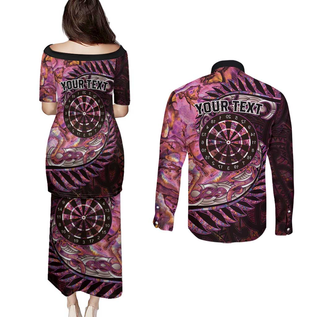 New Zealand Darts Personalised Couples Matching Puletasi and Long Sleeve Button Shirt Aotearoa Silver Fern Pink Papua Shell Spirit LT9 - Polynesian Pride