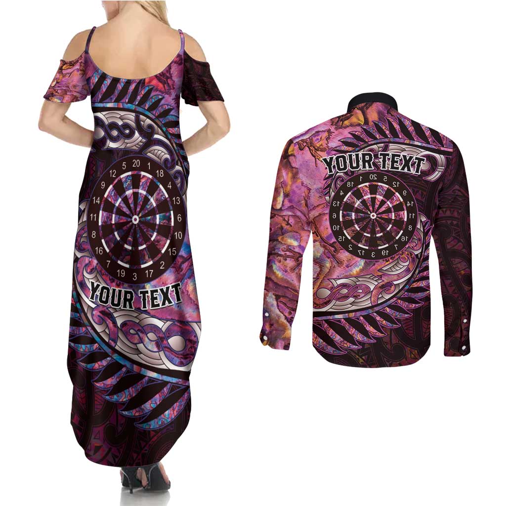 New Zealand Darts Personalised Couples Matching Summer Maxi Dress and Long Sleeve Button Shirt Aotearoa Silver Fern Pink Papua Shell Spirit LT9 - Polynesian Pride