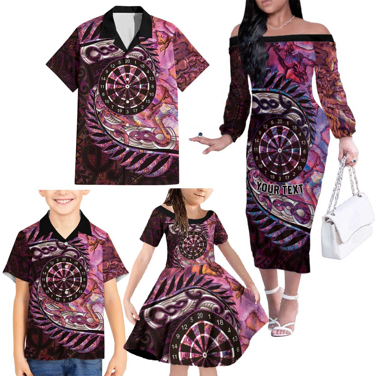 New Zealand Darts Personalised Family Matching Off The Shoulder Long Sleeve Dress and Hawaiian Shirt Aotearoa Silver Fern Pink Papua Shell Spirit LT9 - Polynesian Pride