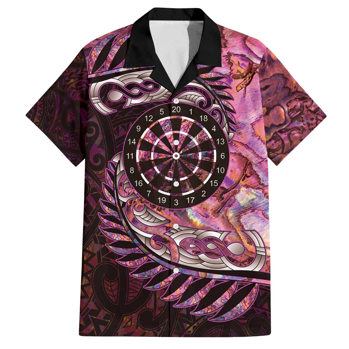 New Zealand Darts Personalised Family Matching Off The Shoulder Long Sleeve Dress and Hawaiian Shirt Aotearoa Silver Fern Pink Papua Shell Spirit LT9 Dad's Shirt - Short Sleeve Pink - Polynesian Pride