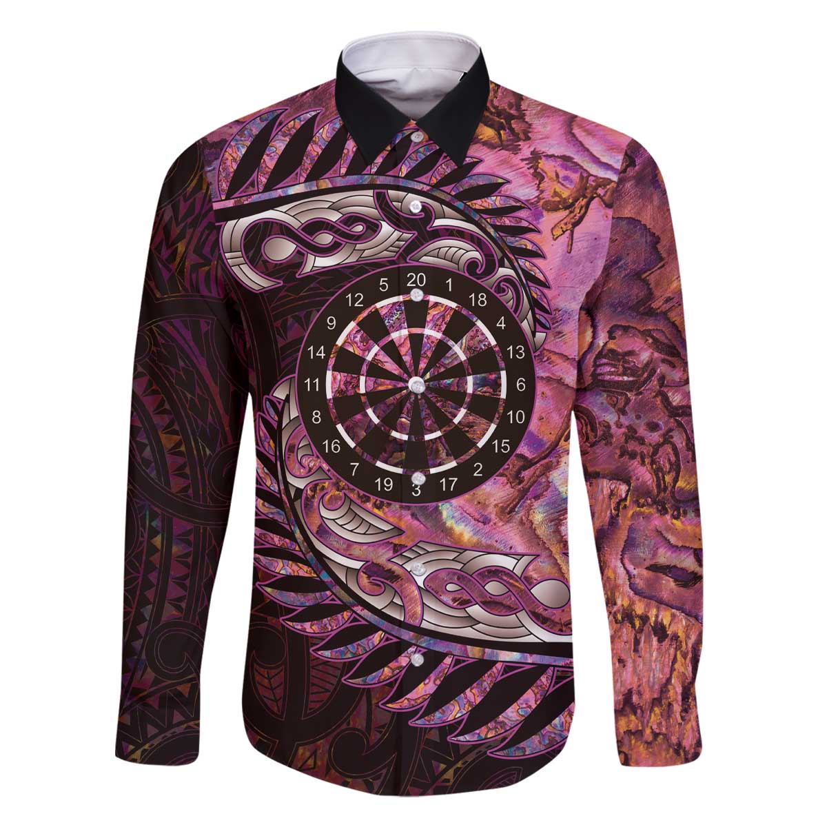 New Zealand Darts Personalised Family Matching Off The Shoulder Long Sleeve Dress and Hawaiian Shirt Aotearoa Silver Fern Pink Papua Shell Spirit LT9 Dad's Shirt - Long Sleeve Pink - Polynesian Pride