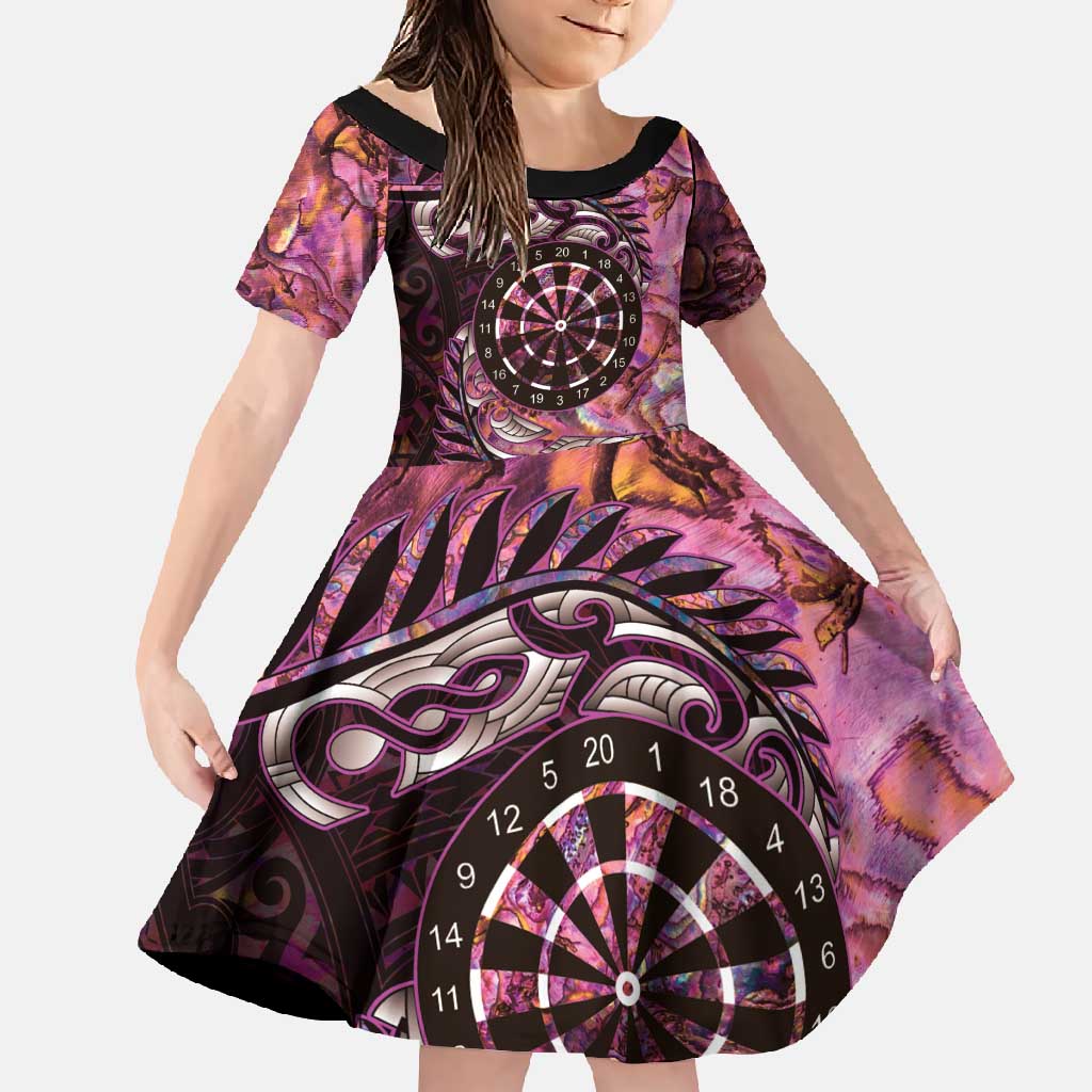 New Zealand Darts Personalised Family Matching Off Shoulder Maxi Dress and Hawaiian Shirt Aotearoa Silver Fern Pink Papua Shell Spirit LT9 Daughter's Dress Pink - Polynesian Pride
