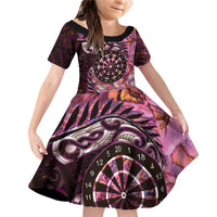New Zealand Darts Personalised Family Matching Off Shoulder Short Dress and Hawaiian Shirt Aotearoa Silver Fern Pink Papua Shell Spirit LT9 Daughter's Dress Pink - Polynesian Pride