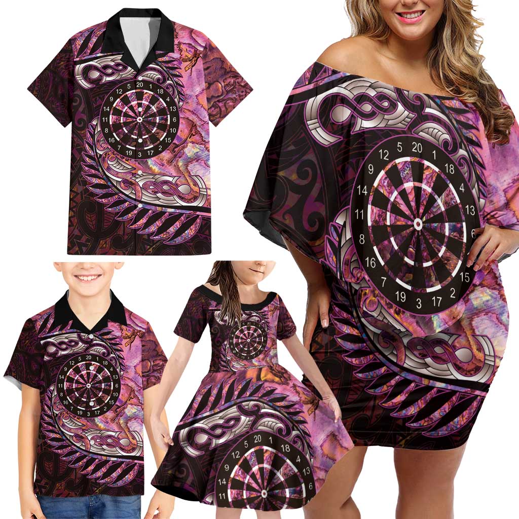 New Zealand Darts Personalised Family Matching Off Shoulder Short Dress and Hawaiian Shirt Aotearoa Silver Fern Pink Papua Shell Spirit LT9 - Polynesian Pride
