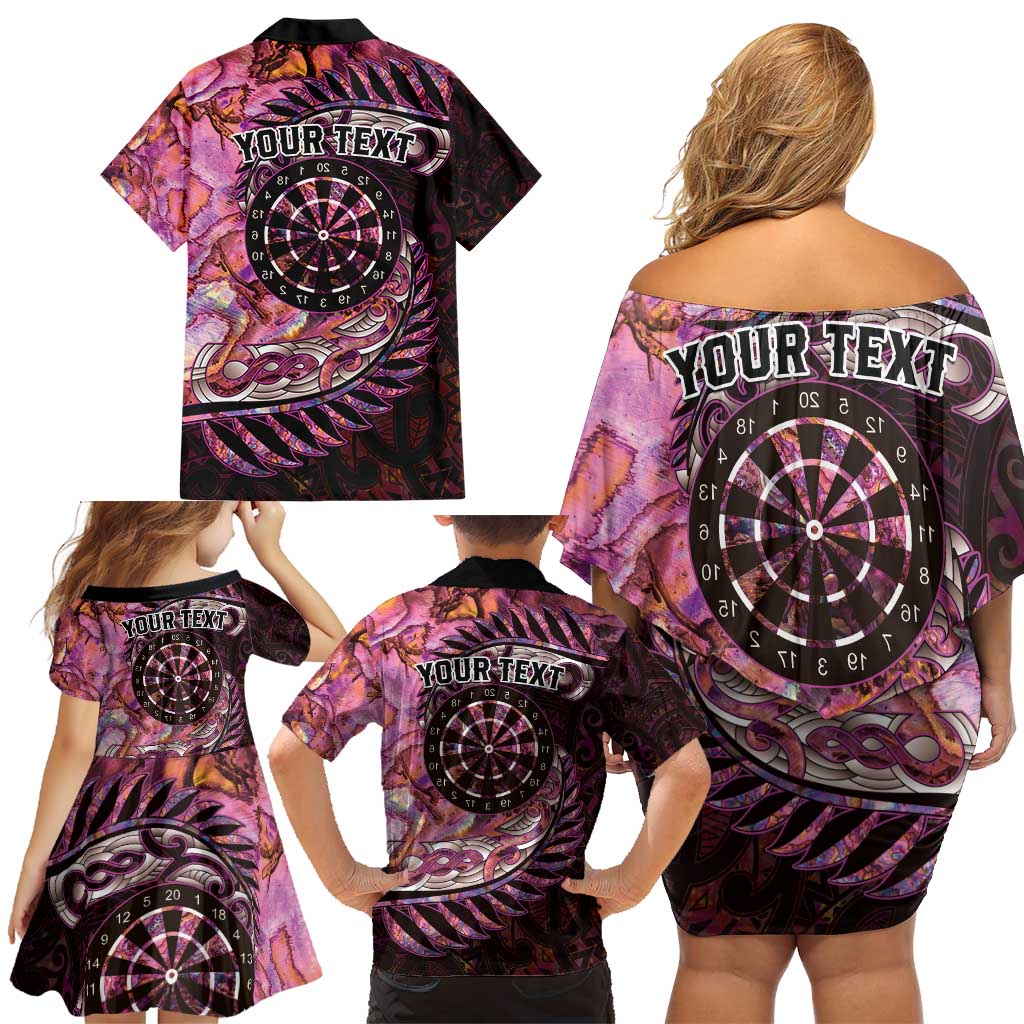 New Zealand Darts Personalised Family Matching Off Shoulder Short Dress and Hawaiian Shirt Aotearoa Silver Fern Pink Papua Shell Spirit LT9 - Polynesian Pride