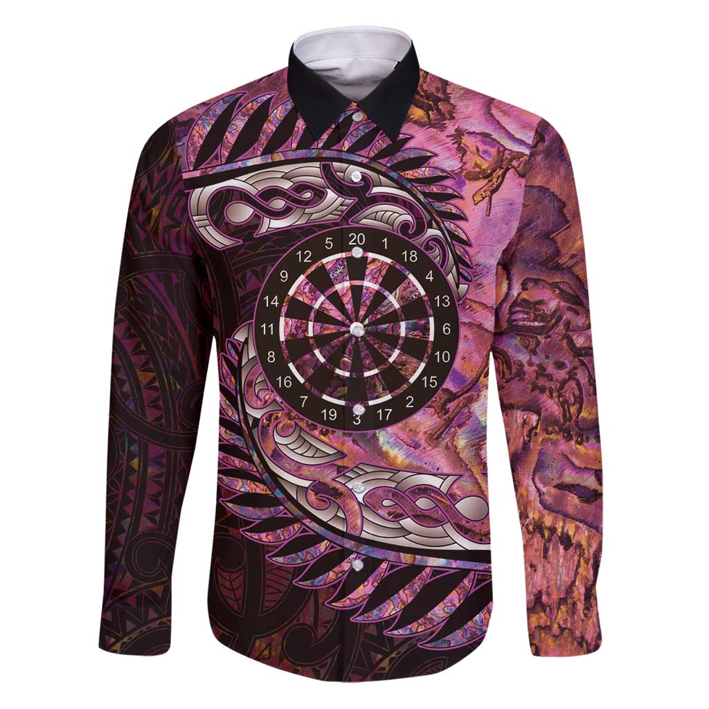 New Zealand Darts Personalised Family Matching Puletasi and Hawaiian Shirt Aotearoa Silver Fern Pink Papua Shell Spirit LT9 Dad's Shirt - Long Sleeve Pink - Polynesian Pride