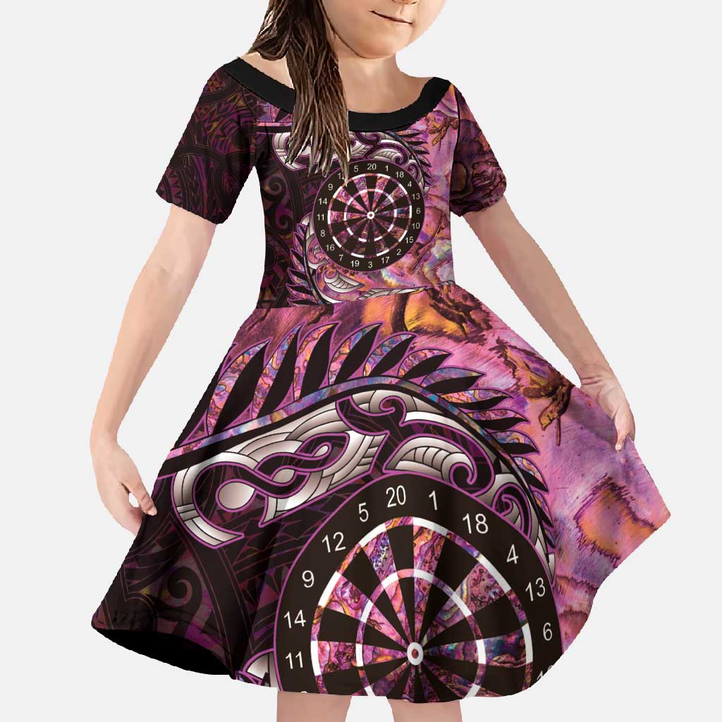 New Zealand Darts Personalised Family Matching Summer Maxi Dress and Hawaiian Shirt Aotearoa Silver Fern Pink Papua Shell Spirit LT9 Daughter's Dress Pink - Polynesian Pride