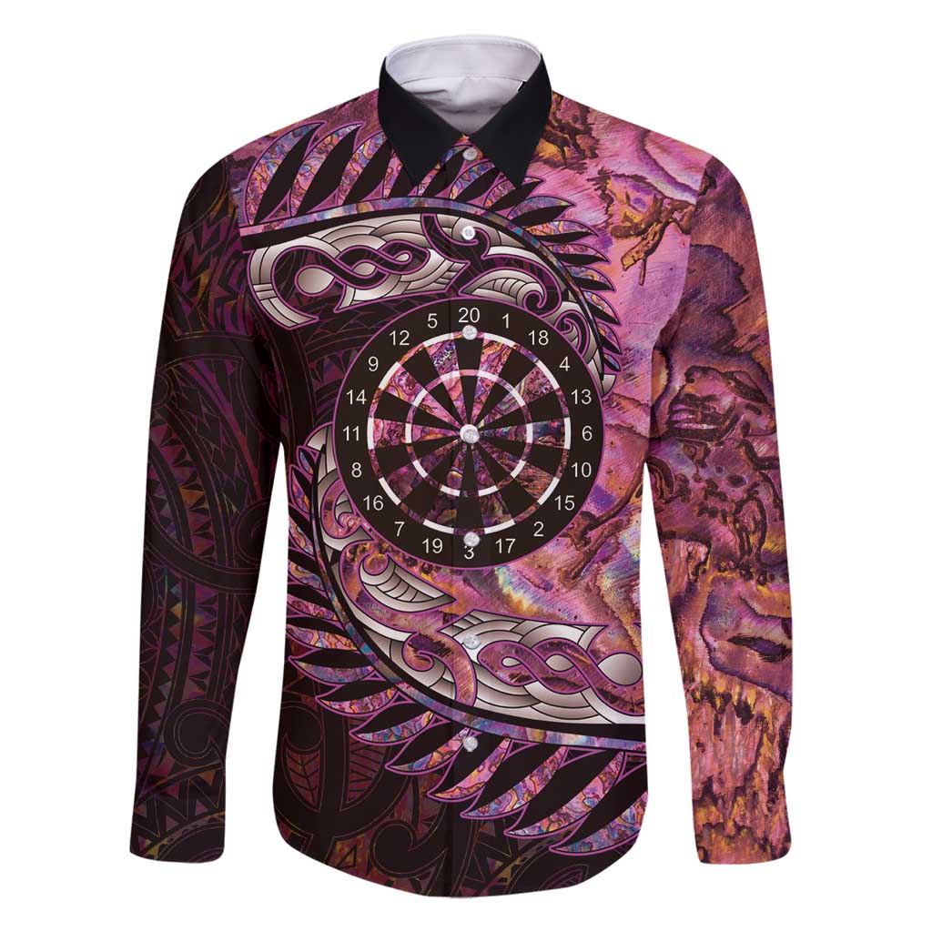 New Zealand Darts Personalised Family Matching Summer Maxi Dress and Hawaiian Shirt Aotearoa Silver Fern Pink Papua Shell Spirit LT9 Dad's Shirt - Long Sleeve Pink - Polynesian Pride