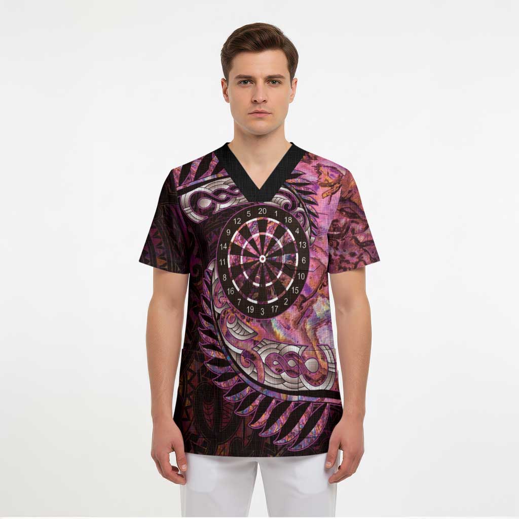 New Zealand Darts Personalised Scrub Top Aotearoa Silver Fern Pink Papua Shell Spirit - Polynesian Pride
