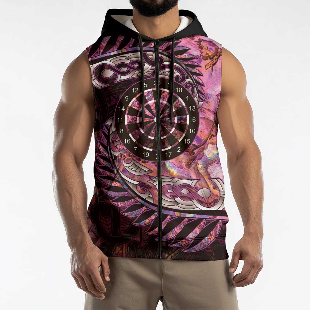 New Zealand Darts Personalised Sleeveless Zip Hoodie Aotearoa Silver Fern Pink Papua Shell Spirit LT9 - Polynesian Pride