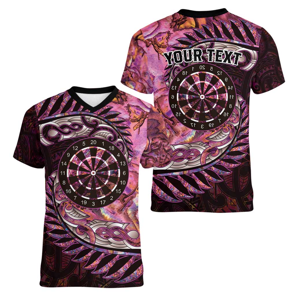 New Zealand Darts Personalised Women V-Neck T-Shirt Aotearoa Silver Fern Pink Papua Shell Spirit