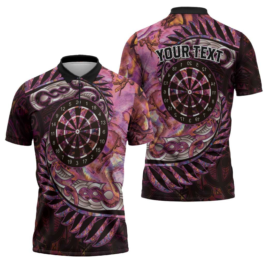 New Zealand Darts Personalised Zipper Polo Shirt Aotearoa Silver Fern Pink Papua Shell Spirit LT9 - Polynesian Pride
