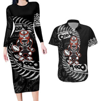 New Zealand Indigenous-Maori Rugby Custom Couples Matching Long Sleeve Bodycon Dress and Hawaiian Shirt LT9 Black - Polynesian Pride