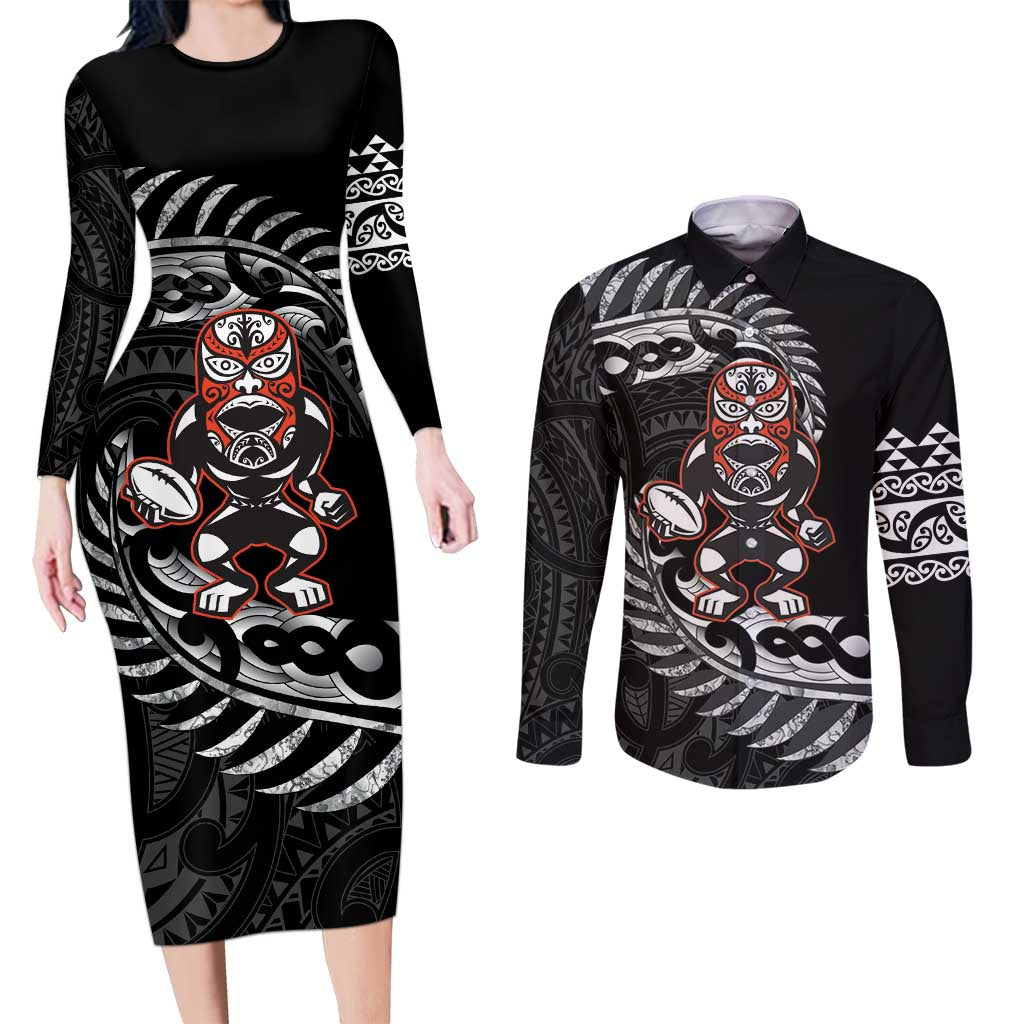 New Zealand Indigenous-Maori Rugby Custom Couples Matching Long Sleeve Bodycon Dress and Long Sleeve Button Shirt LT9 Black - Polynesian Pride