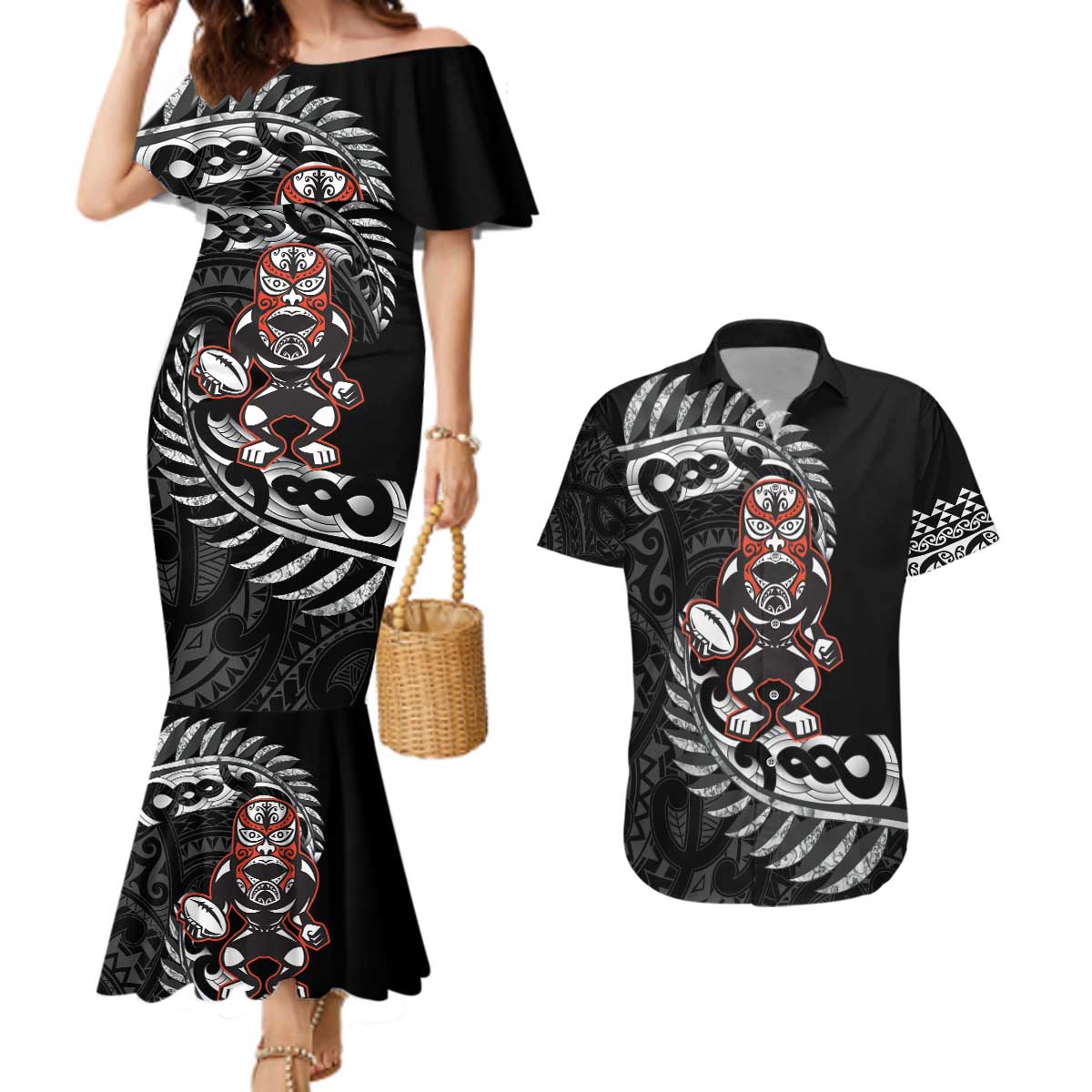 New Zealand Indigenous-Maori Rugby Custom Couples Matching Mermaid Dress and Hawaiian Shirt LT9 Black - Polynesian Pride
