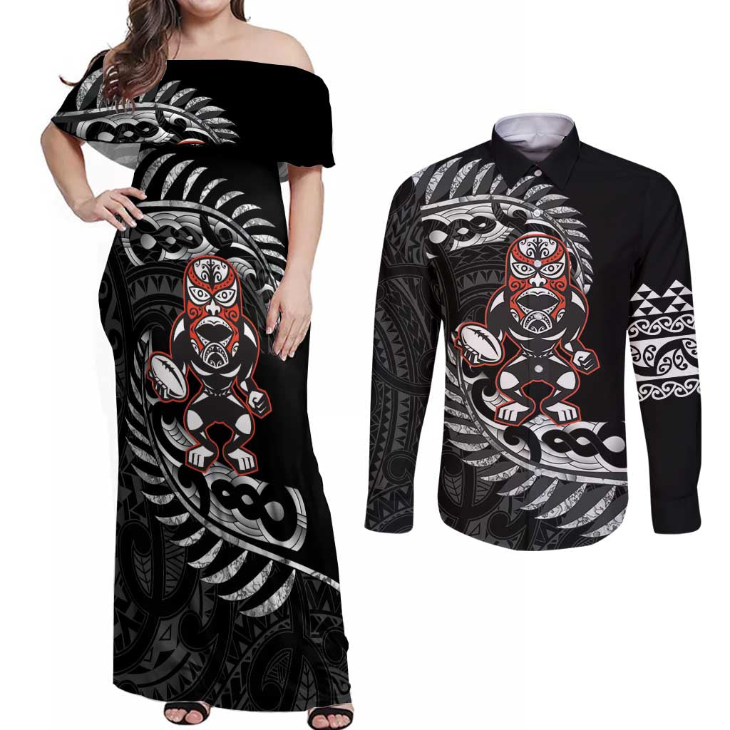 New Zealand Indigenous-Maori Rugby Custom Couples Matching Off Shoulder Maxi Dress and Long Sleeve Button Shirt LT9 Black - Polynesian Pride