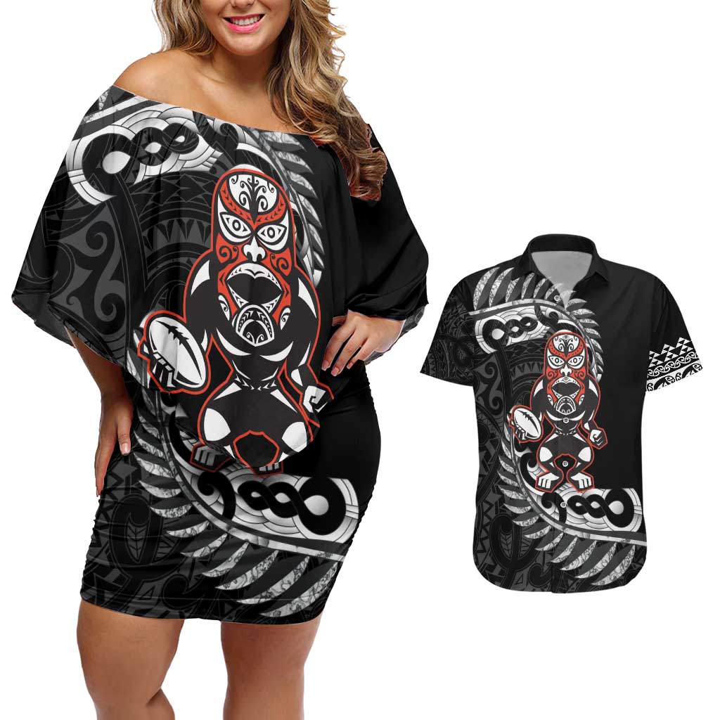 New Zealand Indigenous-Maori Rugby Custom Couples Matching Off Shoulder Short Dress and Hawaiian Shirt LT9 Black - Polynesian Pride