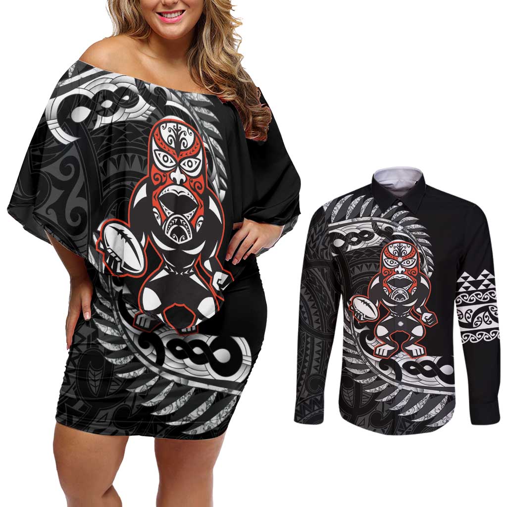 New Zealand Indigenous-Maori Rugby Custom Couples Matching Off Shoulder Short Dress and Long Sleeve Button Shirt LT9 Black - Polynesian Pride