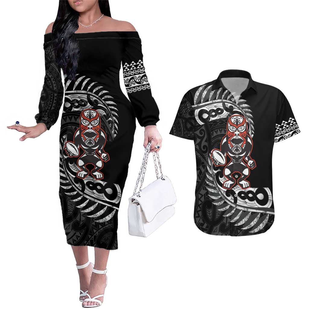 New Zealand Indigenous-Maori Rugby Custom Couples Matching Off The Shoulder Long Sleeve Dress and Hawaiian Shirt LT9 Black - Polynesian Pride