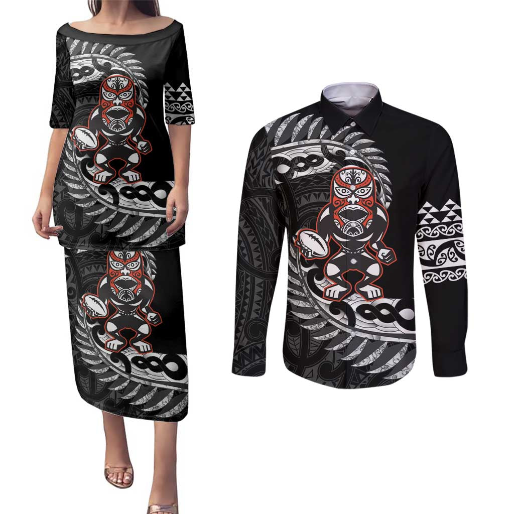 New Zealand Indigenous-Maori Rugby Custom Couples Matching Puletasi and Long Sleeve Button Shirt LT9 Black - Polynesian Pride