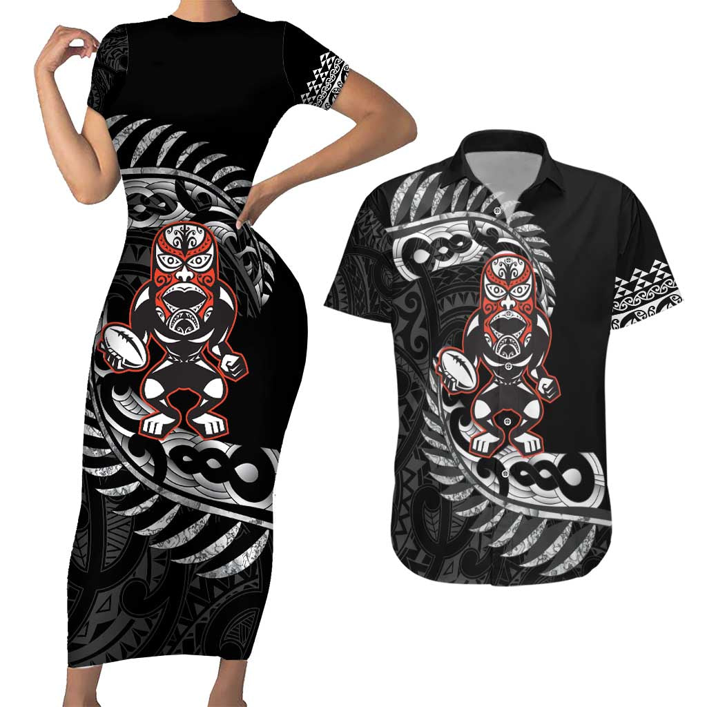 New Zealand Indigenous-Maori Rugby Custom Couples Matching Short Sleeve Bodycon Dress and Hawaiian Shirt LT9 Black - Polynesian Pride