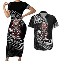 New Zealand Indigenous-Maori Rugby Custom Couples Matching Short Sleeve Bodycon Dress and Hawaiian Shirt LT9 Black - Polynesian Pride