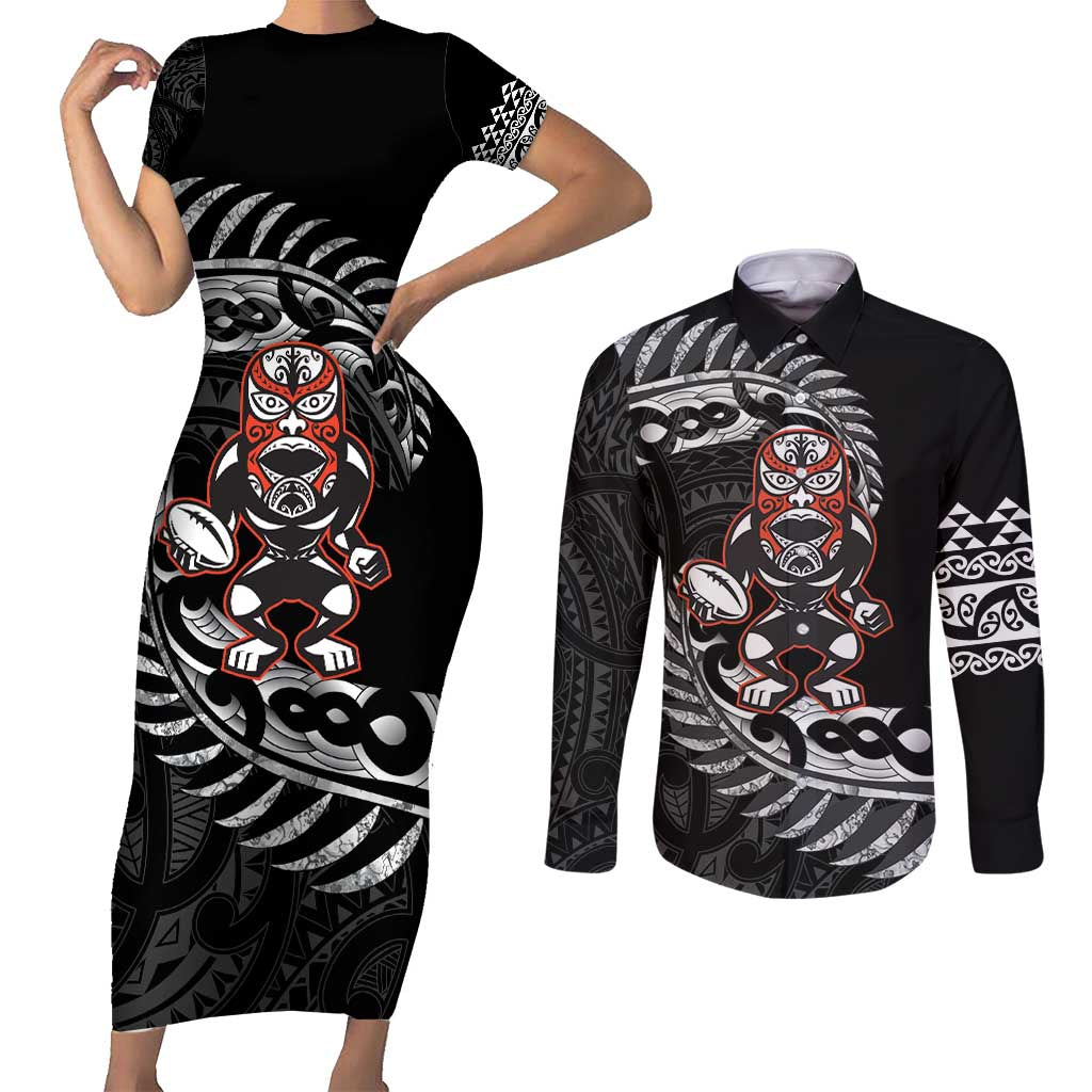 New Zealand Indigenous-Maori Rugby Custom Couples Matching Short Sleeve Bodycon Dress and Long Sleeve Button Shirt LT9 Black - Polynesian Pride