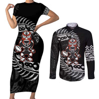 New Zealand Indigenous-Maori Rugby Custom Couples Matching Short Sleeve Bodycon Dress and Long Sleeve Button Shirt LT9 Black - Polynesian Pride