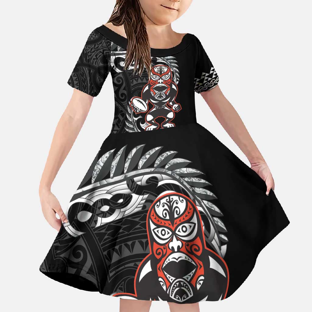 New Zealand Indigenous-Maori Rugby Custom Family Matching Mermaid Dress and Hawaiian Shirt LT9 Daughter's Dress Black - Polynesian Pride