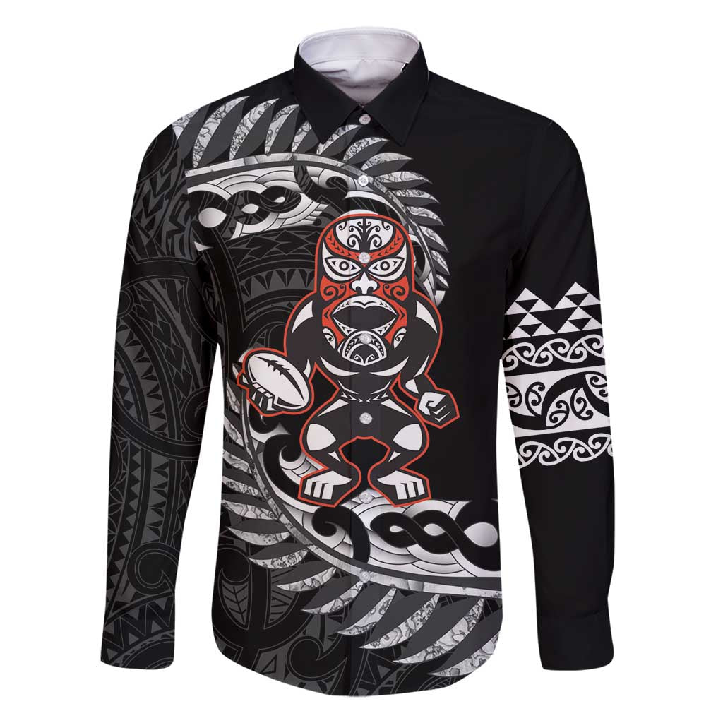 New Zealand Indigenous-Maori Rugby Custom Family Matching Mermaid Dress and Hawaiian Shirt LT9 Dad's Shirt - Long Sleeve Black - Polynesian Pride