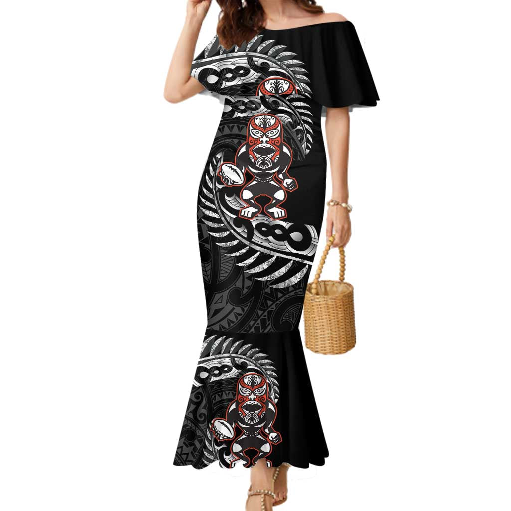 New Zealand Indigenous-Maori Rugby Custom Family Matching Mermaid Dress and Hawaiian Shirt LT9 Mom's Dress Black - Polynesian Pride