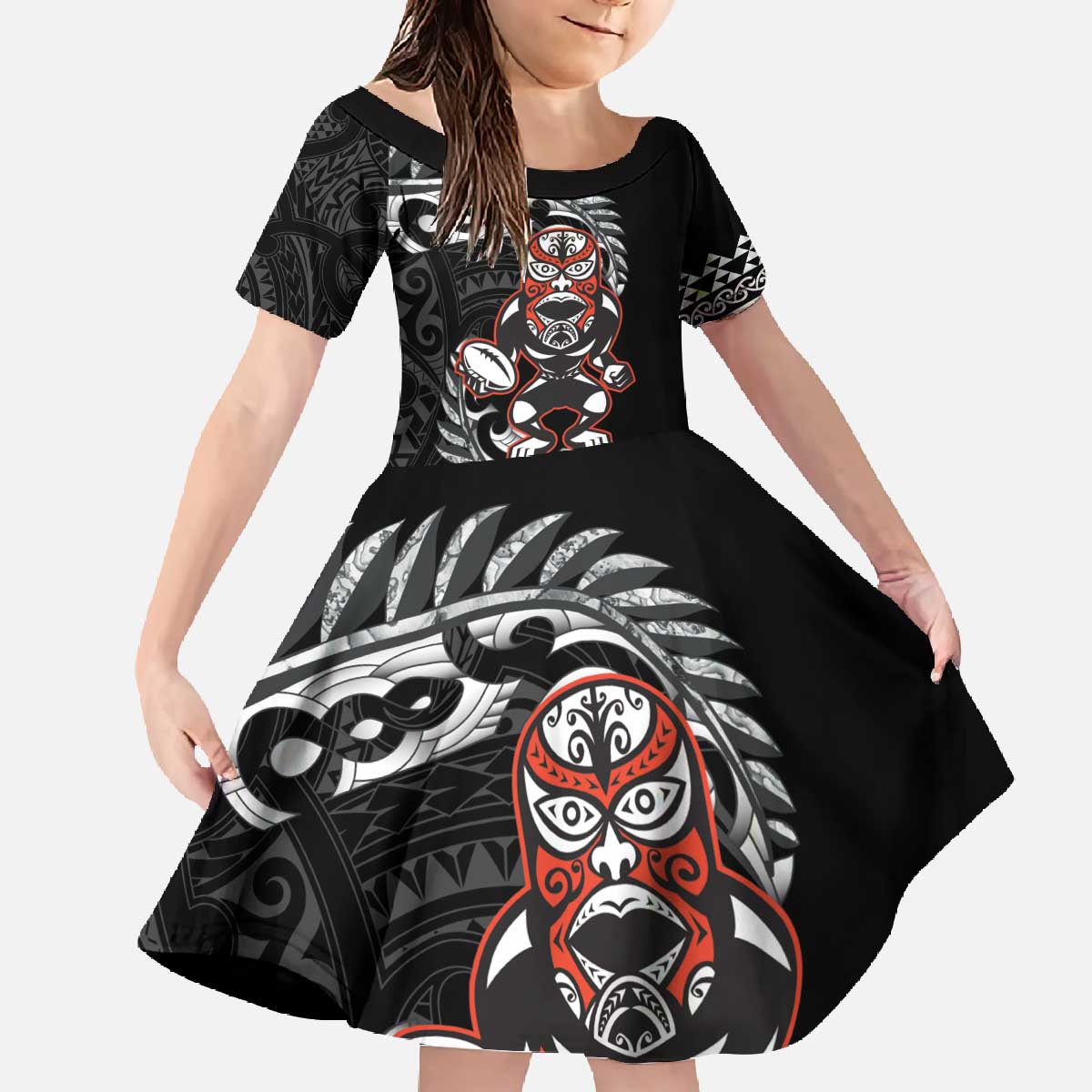New Zealand Indigenous-Maori Rugby Custom Family Matching Off The Shoulder Long Sleeve Dress and Hawaiian Shirt LT9 Daughter's Dress Black - Polynesian Pride