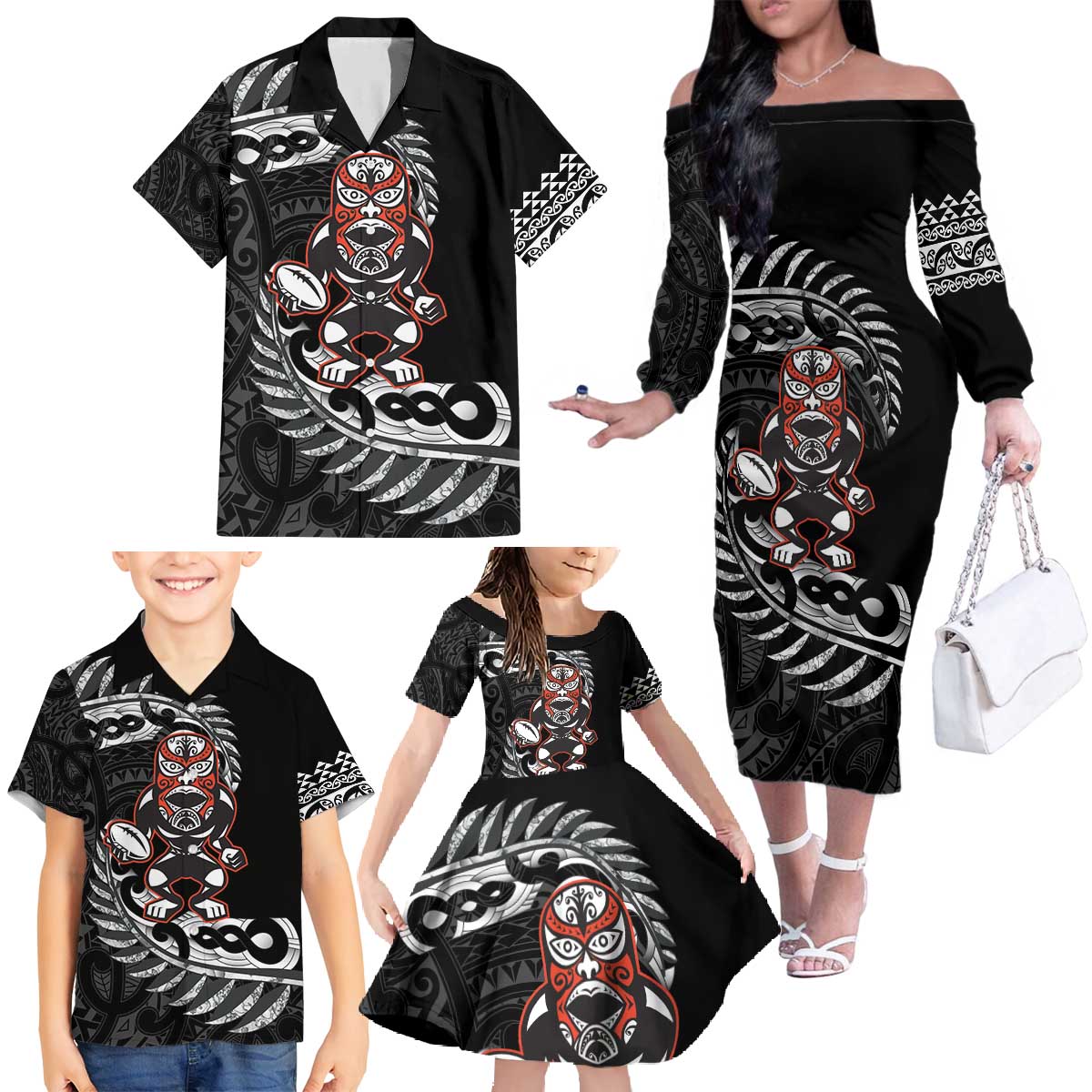 New Zealand Indigenous-Maori Rugby Custom Family Matching Off The Shoulder Long Sleeve Dress and Hawaiian Shirt LT9 - Polynesian Pride