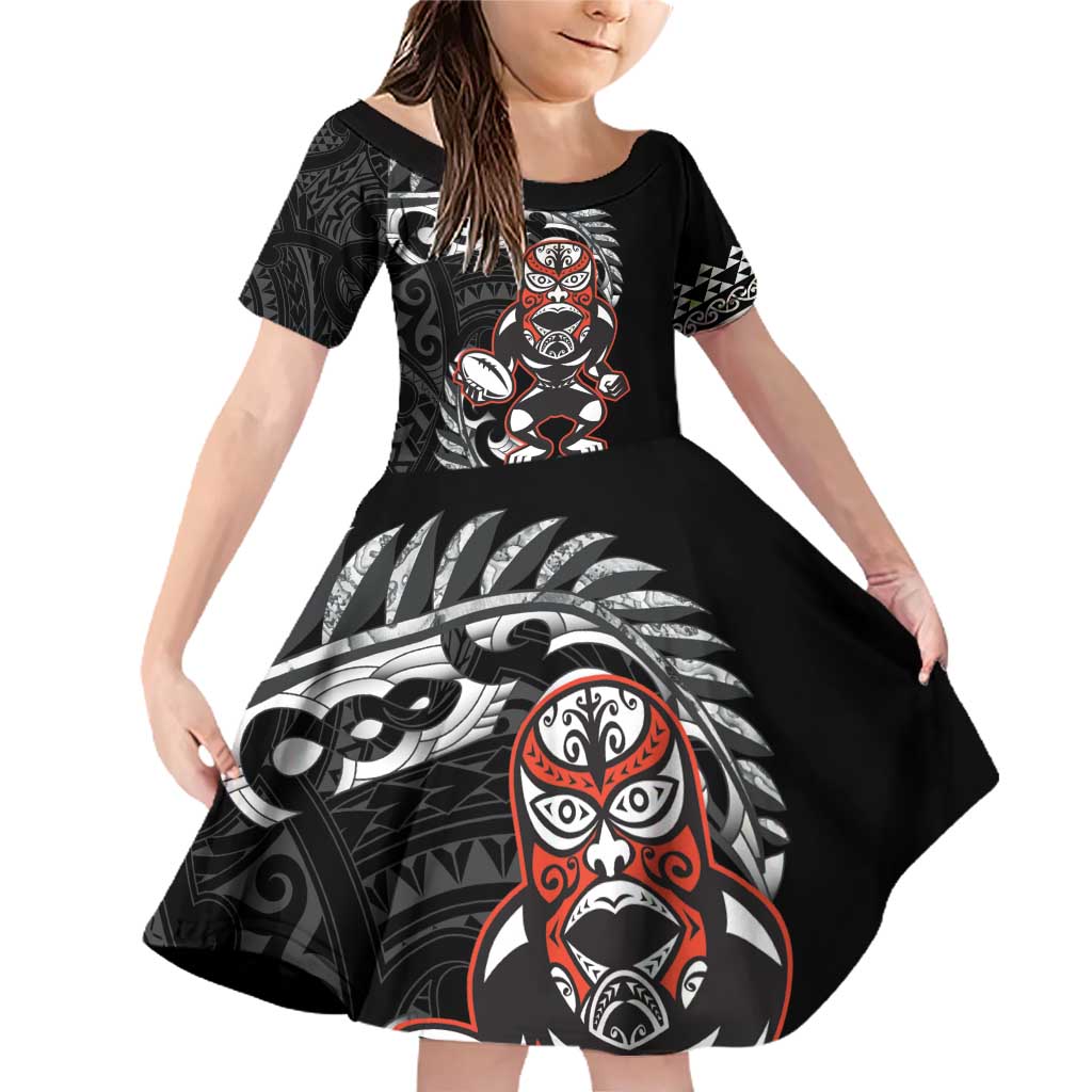 New Zealand Indigenous-Maori Rugby Custom Family Matching Off Shoulder Short Dress and Hawaiian Shirt LT9 Daughter's Dress Black - Polynesian Pride