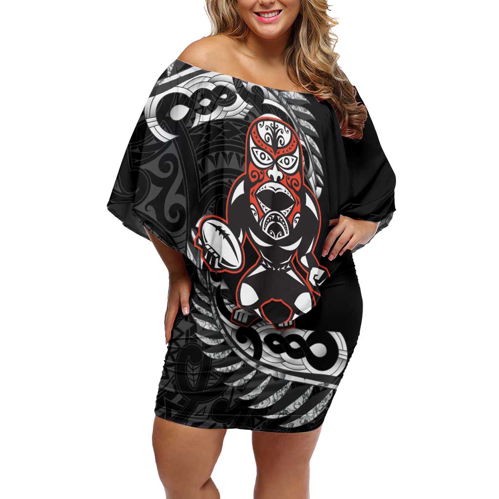 New Zealand Indigenous-Maori Rugby Custom Family Matching Off Shoulder Short Dress and Hawaiian Shirt LT9 Mom's Dress Black - Polynesian Pride