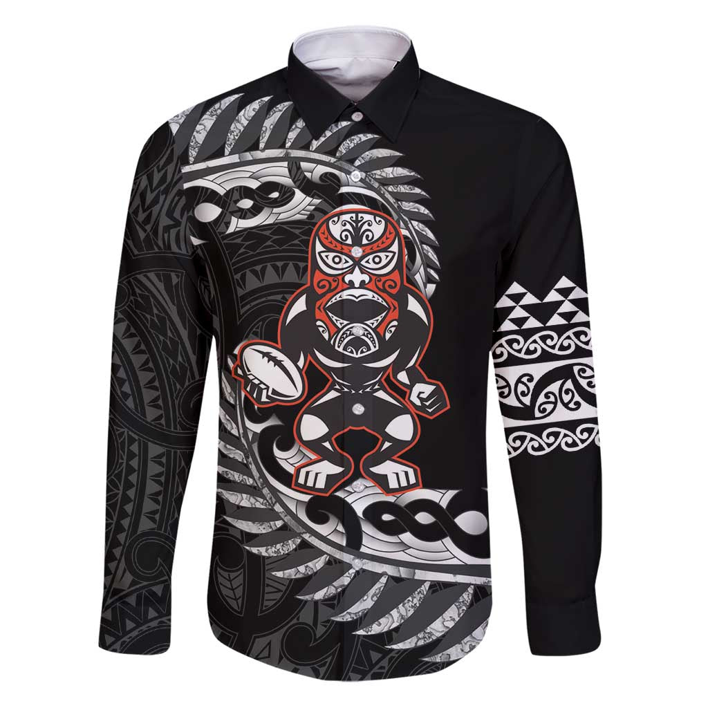 New Zealand Indigenous-Maori Rugby Custom Family Matching Puletasi and Hawaiian Shirt LT9 Dad's Shirt - Long Sleeve Black - Polynesian Pride