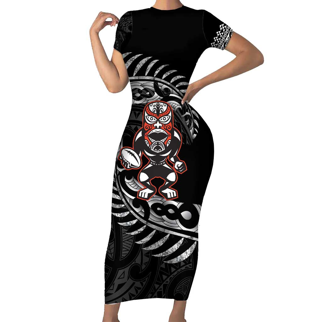 New Zealand Indigenous-Maori Rugby Custom Family Matching Short Sleeve Bodycon Dress and Hawaiian Shirt LT9 Mom's Dress Black - Polynesian Pride