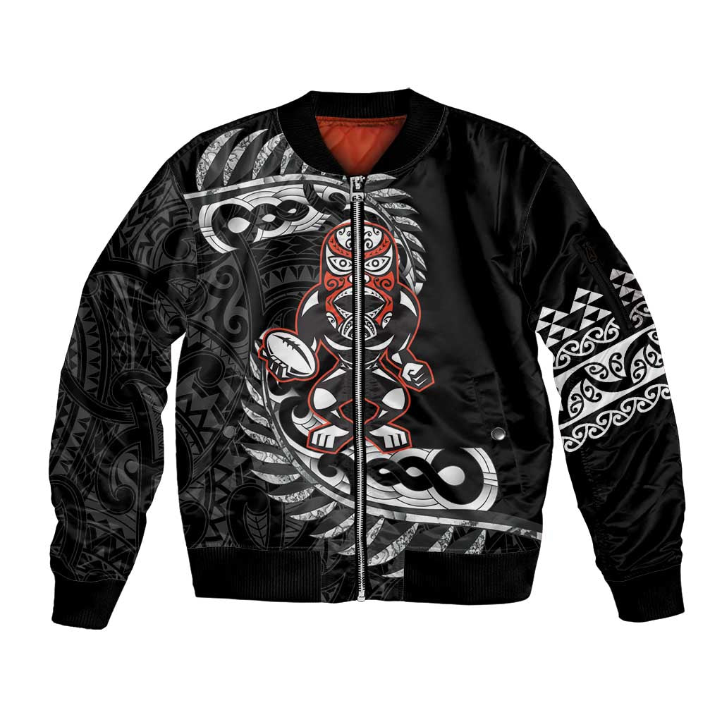 New Zealand Indigenous-Maori Rugby Custom Sleeve Zip Bomber Jacket LT9 Unisex Black - Polynesian Pride