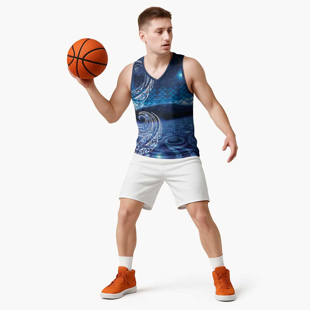 New Zealand Matariki Basketball Jersey Taniko Aramoana With Koru Galaxy Sky Night - Polynesian Pride