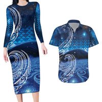 New Zealand Matariki Couples Matching Long Sleeve Bodycon Dress and Hawaiian Shirt Taniko Aramoana With Koru Galaxy Sky Night LT9 Galaxy - Polynesian Pride