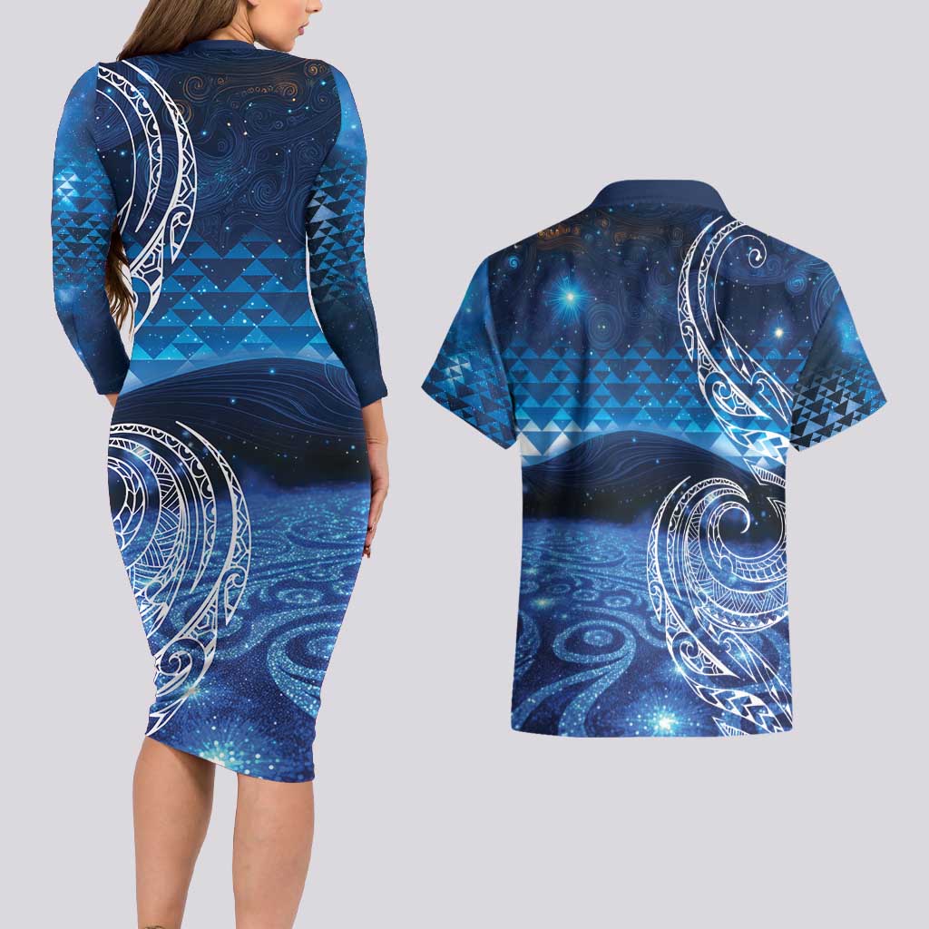 New Zealand Matariki Couples Matching Long Sleeve Bodycon Dress and Hawaiian Shirt Taniko Aramoana With Koru Galaxy Sky Night LT9 - Polynesian Pride