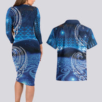 New Zealand Matariki Couples Matching Long Sleeve Bodycon Dress and Hawaiian Shirt Taniko Aramoana With Koru Galaxy Sky Night LT9 - Polynesian Pride