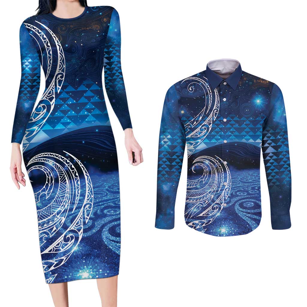 New Zealand Matariki Couples Matching Long Sleeve Bodycon Dress and Long Sleeve Button Shirt Taniko Aramoana With Koru Galaxy Sky Night LT9 Galaxy - Polynesian Pride