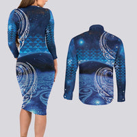New Zealand Matariki Couples Matching Long Sleeve Bodycon Dress and Long Sleeve Button Shirt Taniko Aramoana With Koru Galaxy Sky Night LT9 - Polynesian Pride